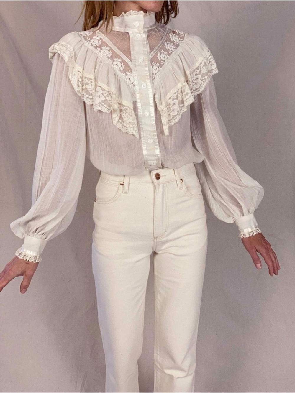 70s Gunne Sax Gauze Edwardian Lace Ruffle Blouse Victorian‎ size 11 - small - Picture 8 of 9